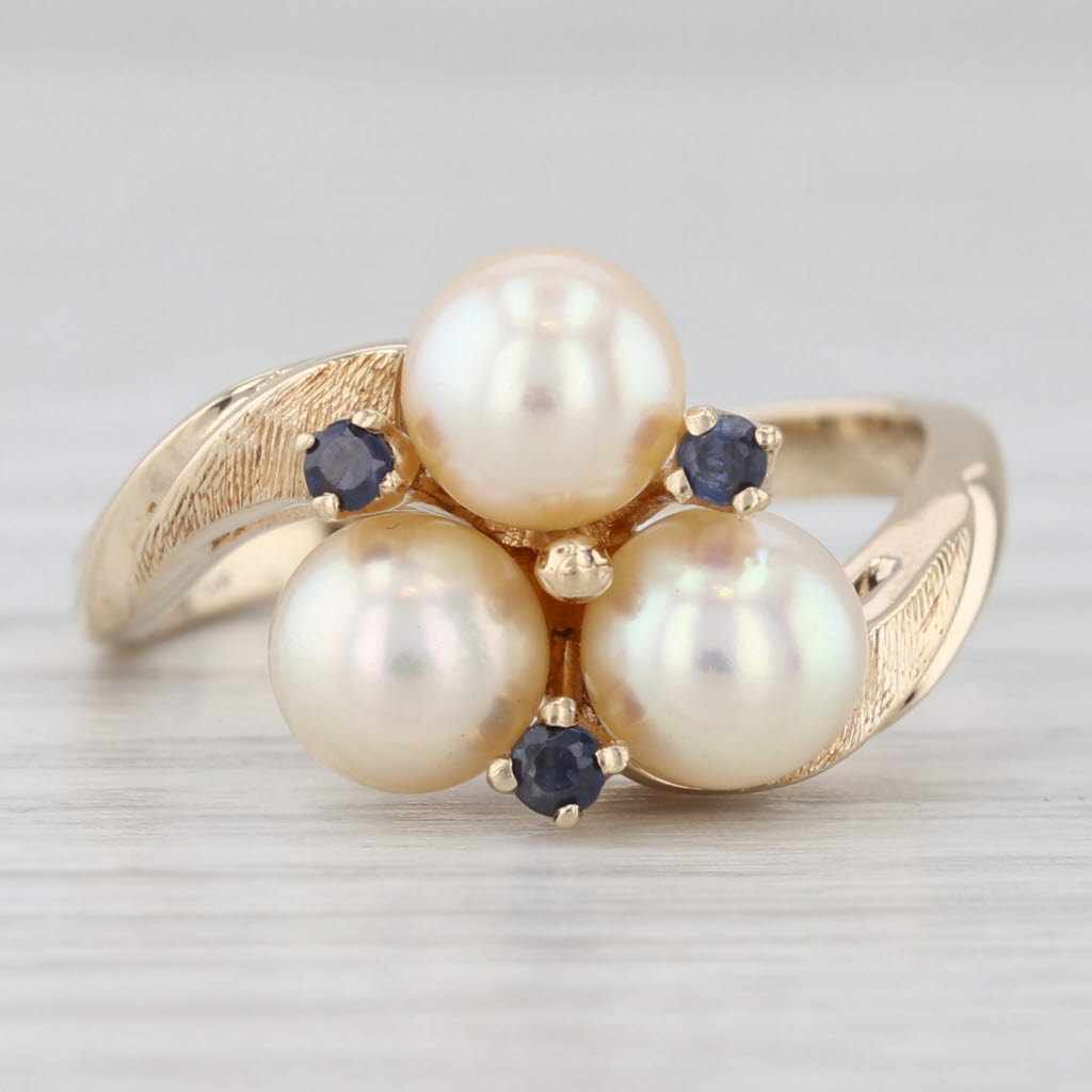 Light Gray Cultured Pearl Blue Sapphire Bypass Ring 14k Yellow Gold Size 6.25