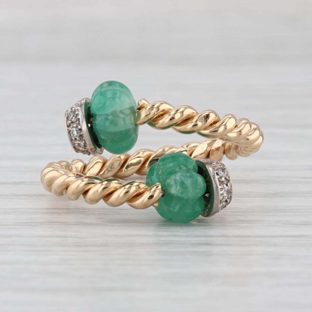 Emerald Bead Diamond Bypass Ring 14k Yellow Gold Size 7 Adjustable