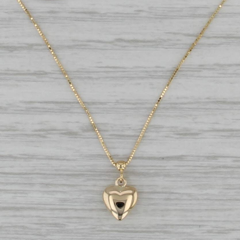 Puffy Heart Pendant Box Chain Necklace 14k Yellow Gold 16" 18"