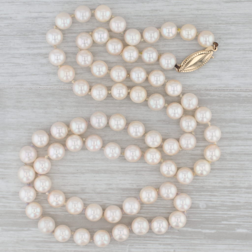 Cultured Pearl Single Strand Bead Necklace 25.5" 7mm 14k Gold Clasp