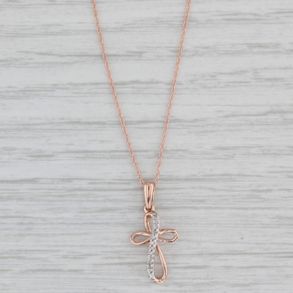 Gray Diamond Cross Pendant Necklace 10k Rose Gold 18" Rope Chain 0.8mm