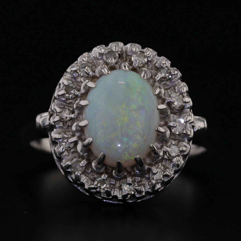 Oval Cabochon Opal Diamond Halo Ring 14k White Gold Size 6