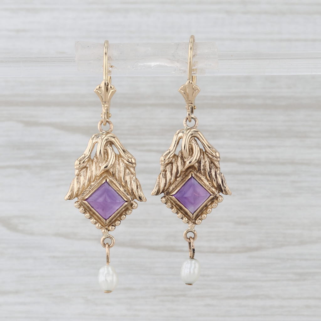Ornate Amethyst Cultured Pearl Dangle Earrings 14k Yellow Gold Hook Post Drops