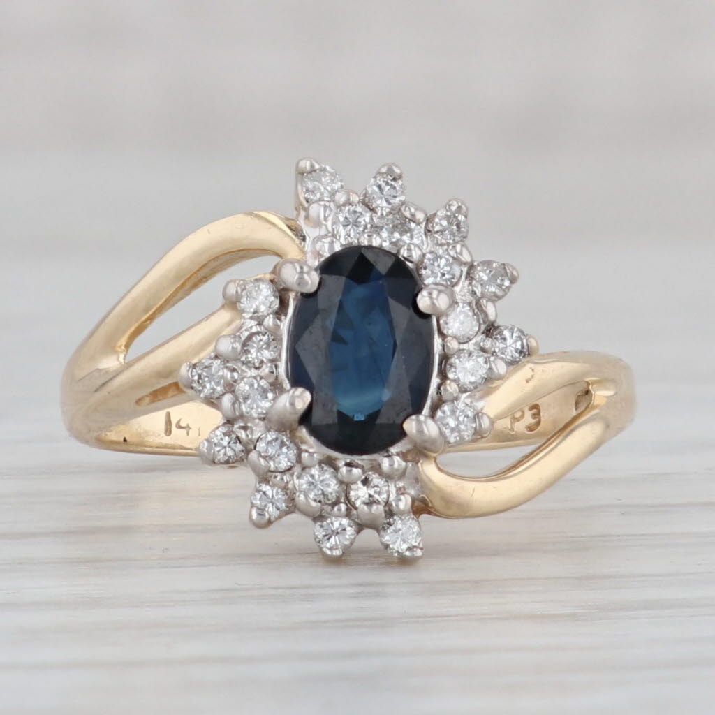 Gray 0.90ctw Oval Blue Sapphire Diamond halo Ring 14k Yellow Gold Bypass Size 7