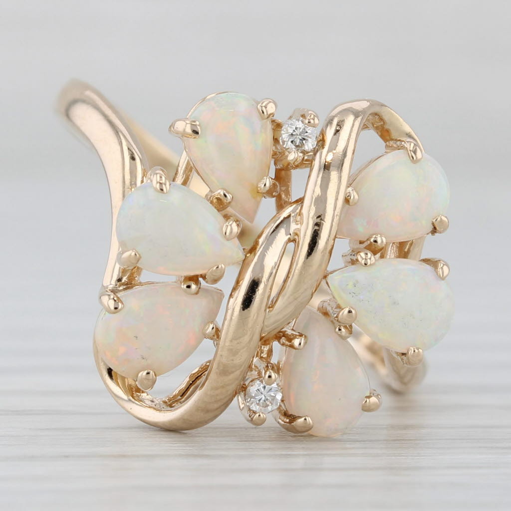 Light Gray Opal Diamond Cluster Ring 14k Yellow Gold Size 10 Pear Cabochons