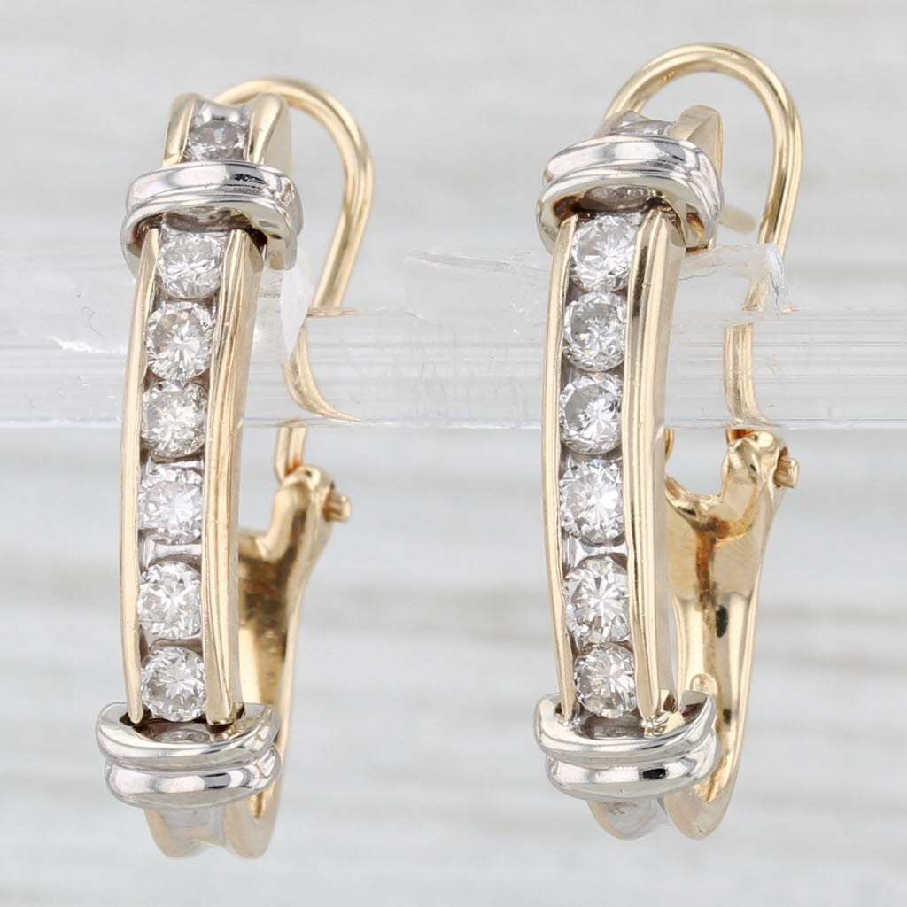 Light Gray 0.80ctw Diamond Journey J-Hoop Earrings 14k Yellow White Gold Omega Backs