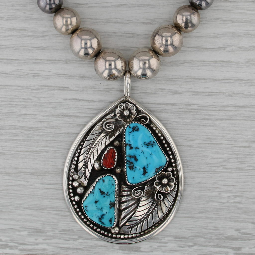 Turquoise Cloral Floral Pendant Bead Necklace Sterling Silver Native American HB