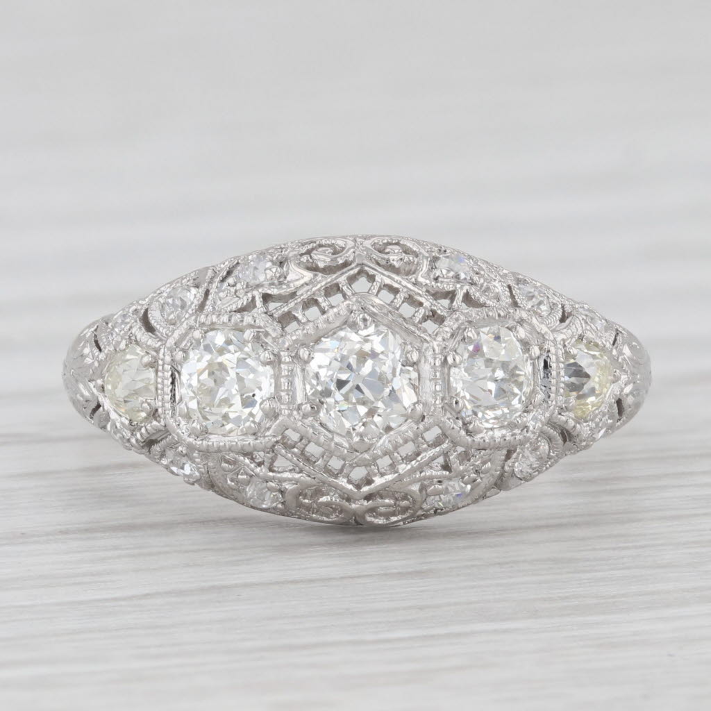 Light Gray 0.87 ctw Diamond Art Deco Platinum Filigree Domed Size 7.5 Ring 3-Stone