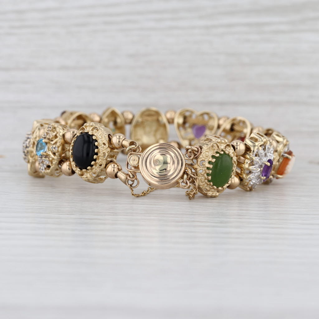 OMG Richard Klein Vintage Slide Charm Bracelet Gemstone Cameo 6.75" 14k 10k Gold
