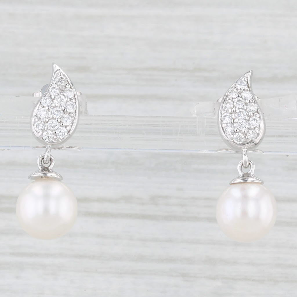 Light Gray New Cultured Pearl 0.20ctw Diamond Leaf Drop Earrings 14k White Gold