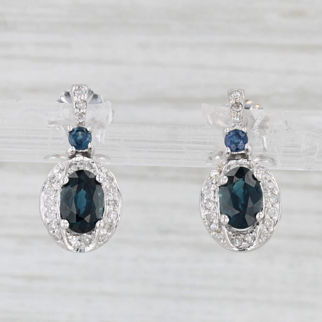 Light Gray 1.60ctw Blue Sapphire Diamond Drop Earrings 14k White Gold