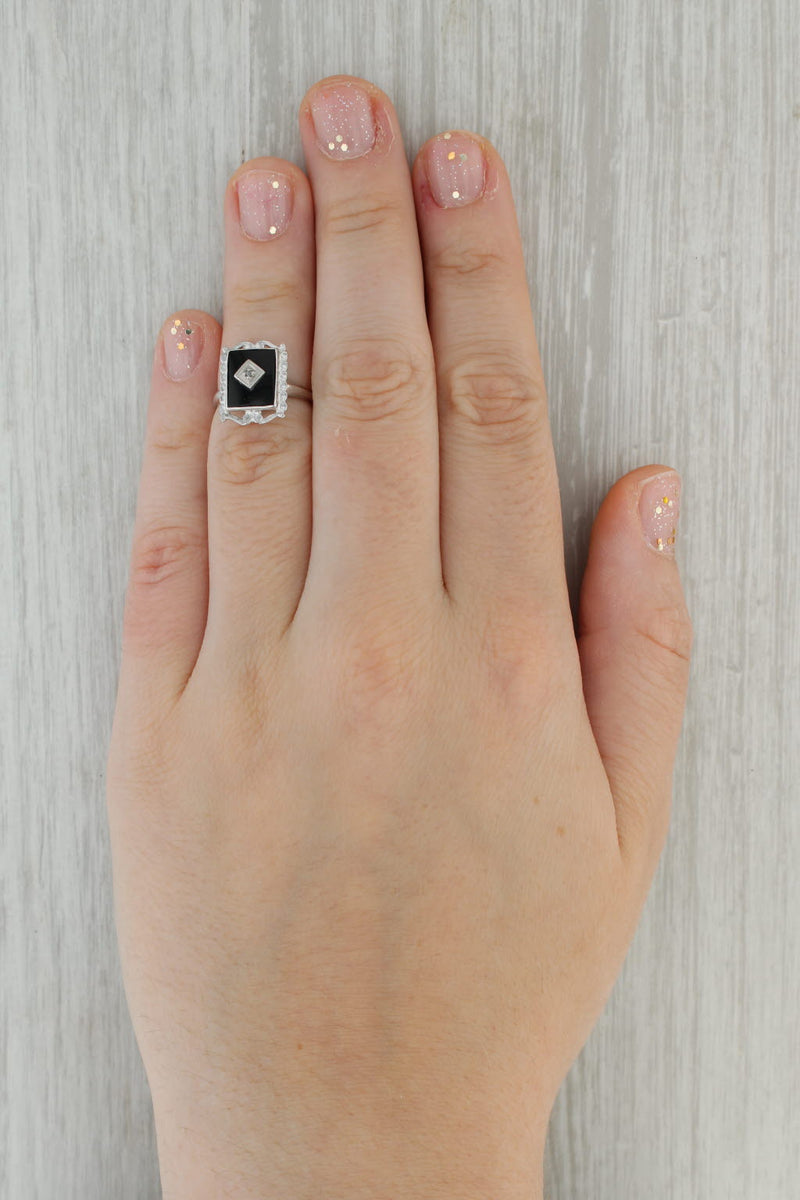 Dark Gray Vintage Onyx Diamond Signet Ring 10k White Gold Size 4.5 PS Co