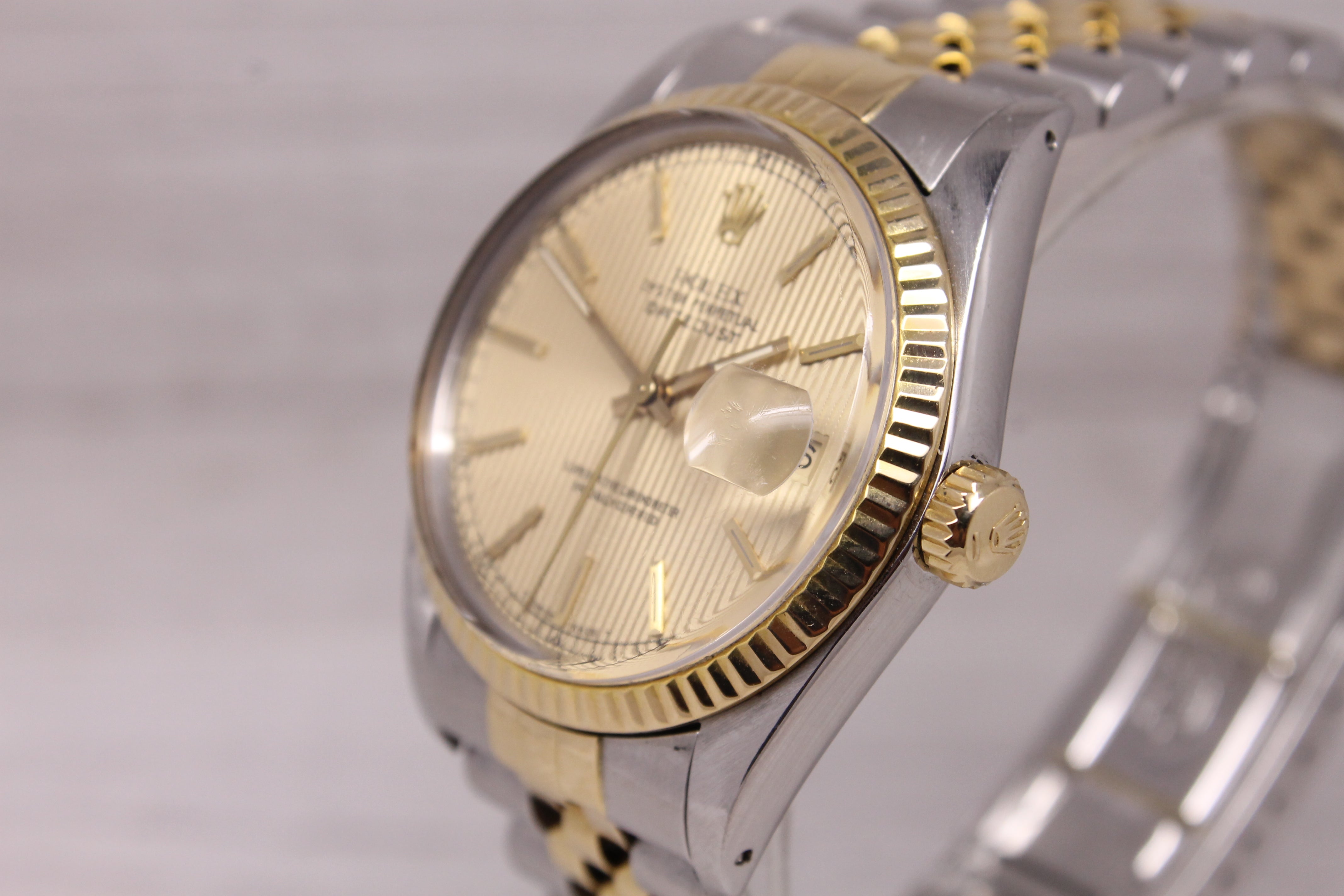 Vintage c.1986 Rolex Datejust 16013 18k Steel Mens Automatic Watch Tapestry Dial