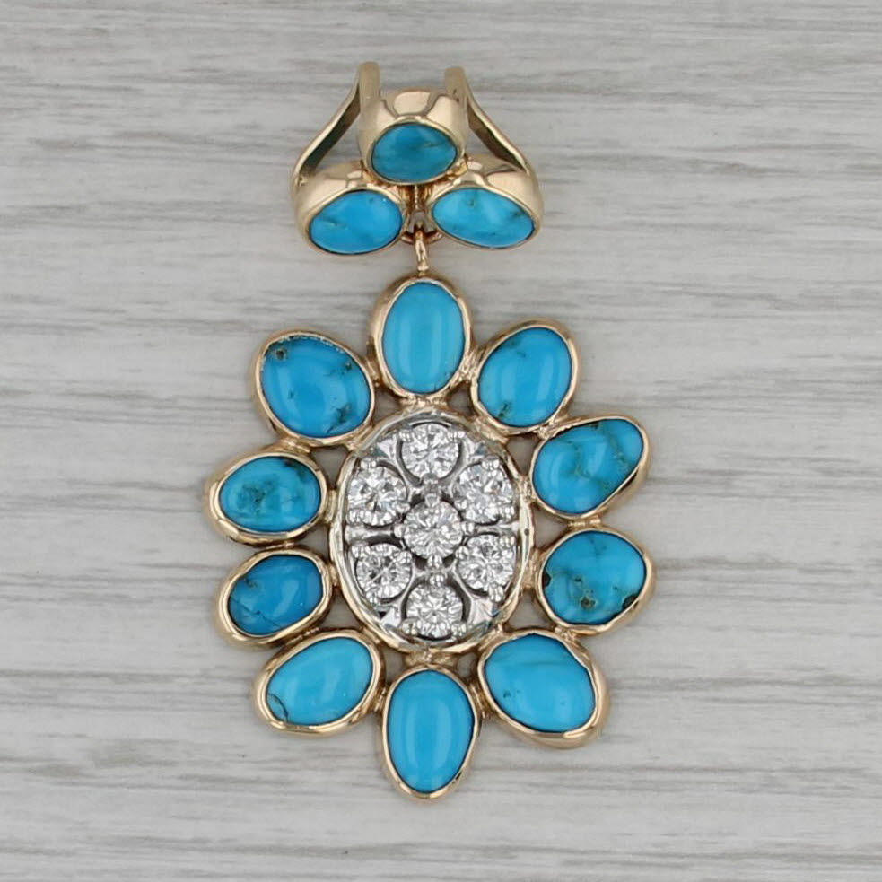 Custom Turquoise 1.28ctw Diamond Flower Pendant 14k 10k Gold Statement Drop