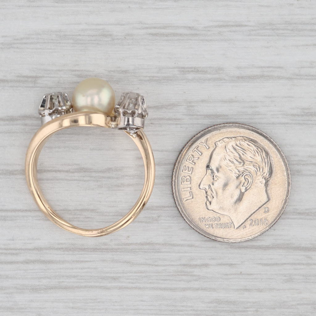 Gray Vintage Cultured Pearl Diamond Bypass Ring 10k-12k Yellow Gold Size 4.5
