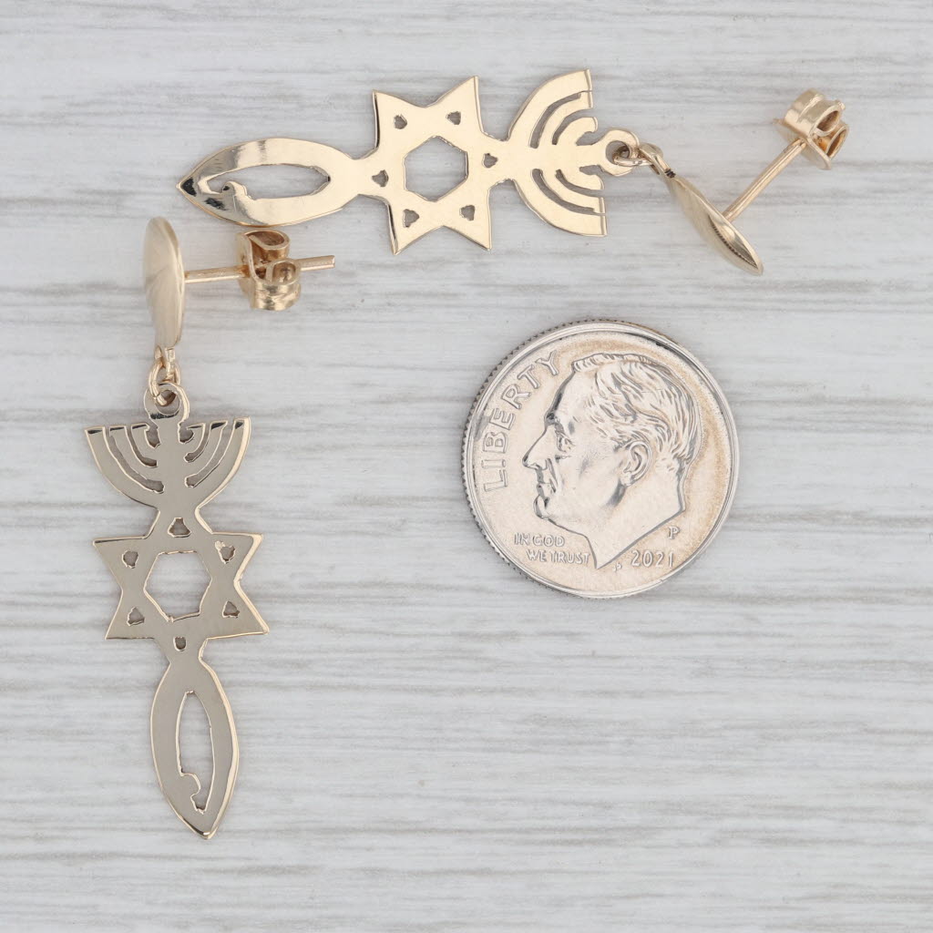 Light Gray Hebrew Judaica Dangle Earrings 14k Yellow Gold Menorah Star of David Fish