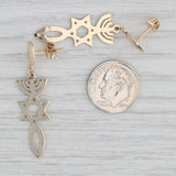 Hebrew Judaica Dangle Earrings 14k Yellow Gold Menorah Star of David Fish