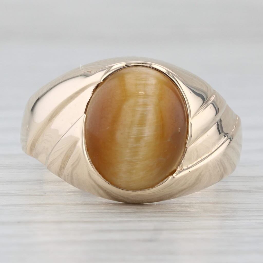 Light Gray Tiger's Eye Oval Cabochon Solitaire Ring 10k Yellow Gold Men's