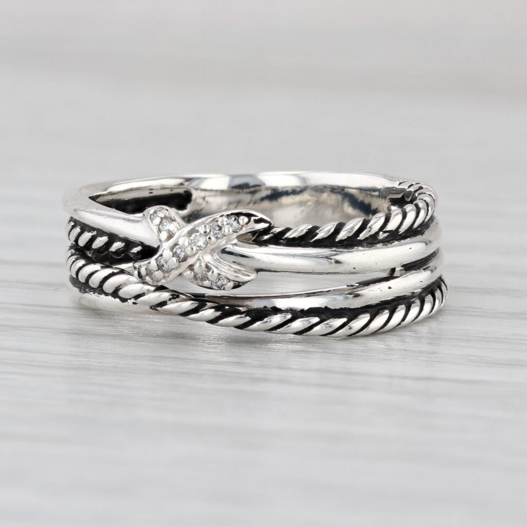 David Yurman Diamond Crossover X Ring Sterling Silver Stacked Multiband Sz 8.25