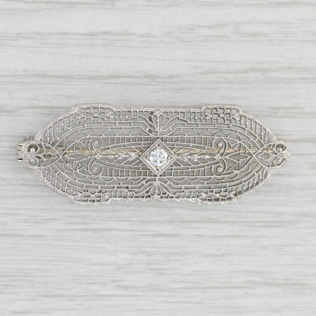 Antique Filigree 0.15ct VS2 Diamond Brooch Pendant 14k Gold Platinum Ornate Pin