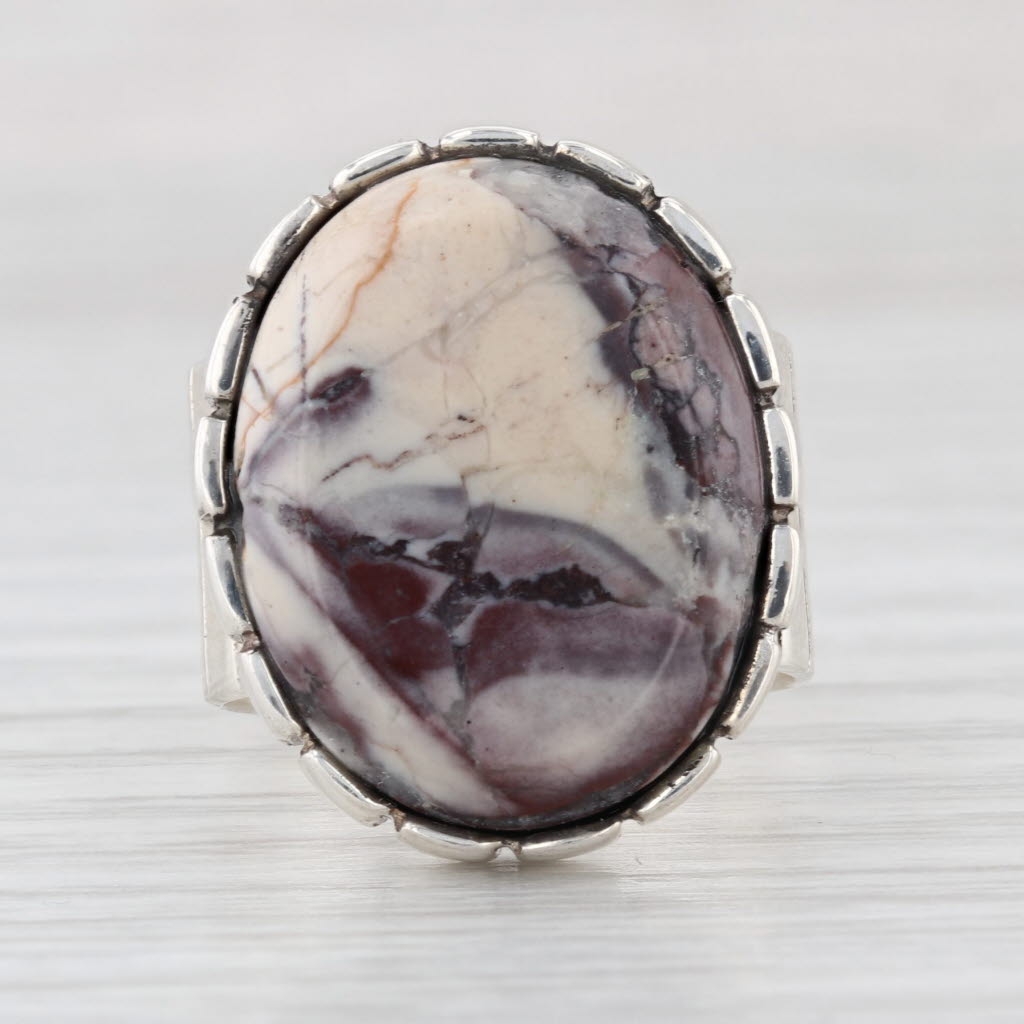 Marbled Chalcedony Jasper Ring Sterling Silver Size 6.5 Oval Cabochon Statement