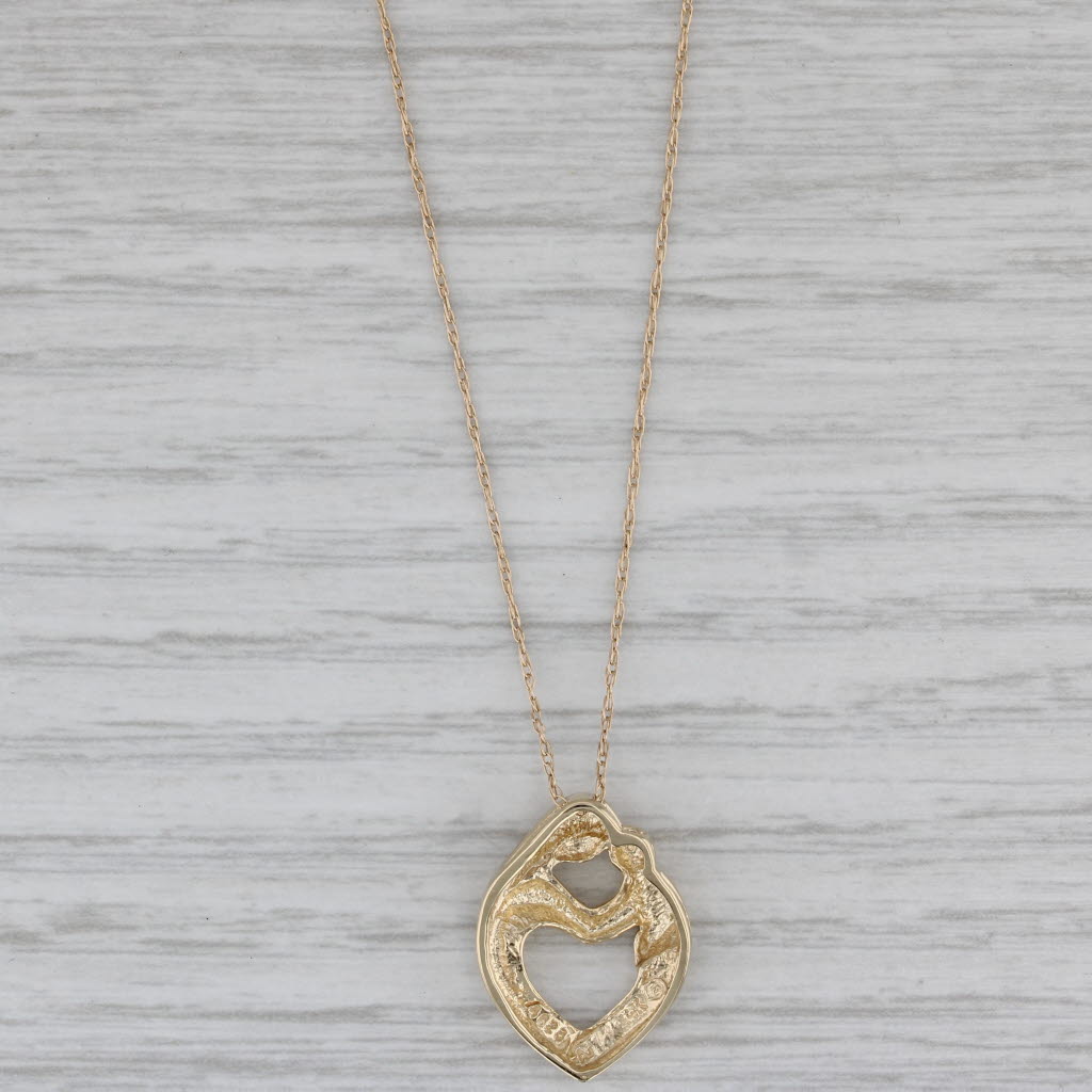 Mother & Child Heart Pendant Necklace 14k Yellow Gold 26.75" Fine Rope Chain