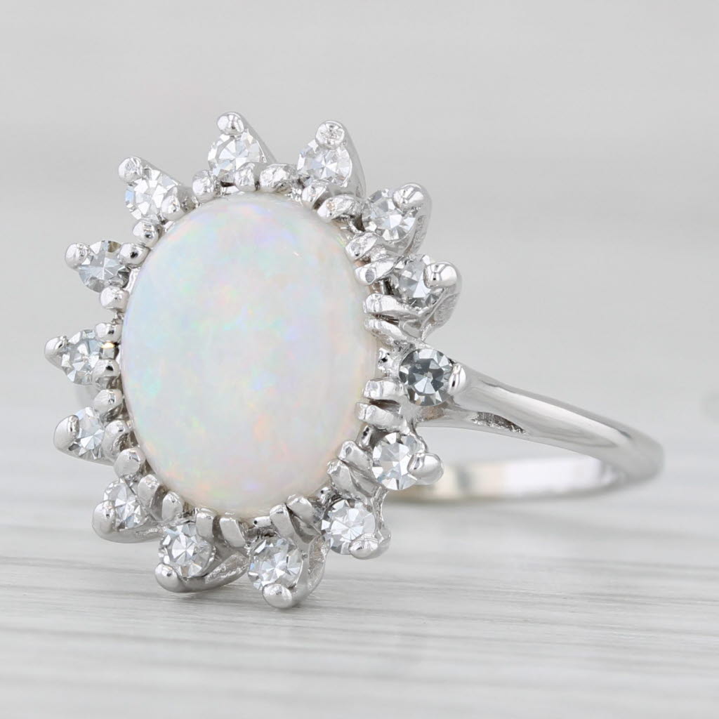 Light Gray Vintage Opal Diamond Halo Ring 14k White Gold Size 4.75