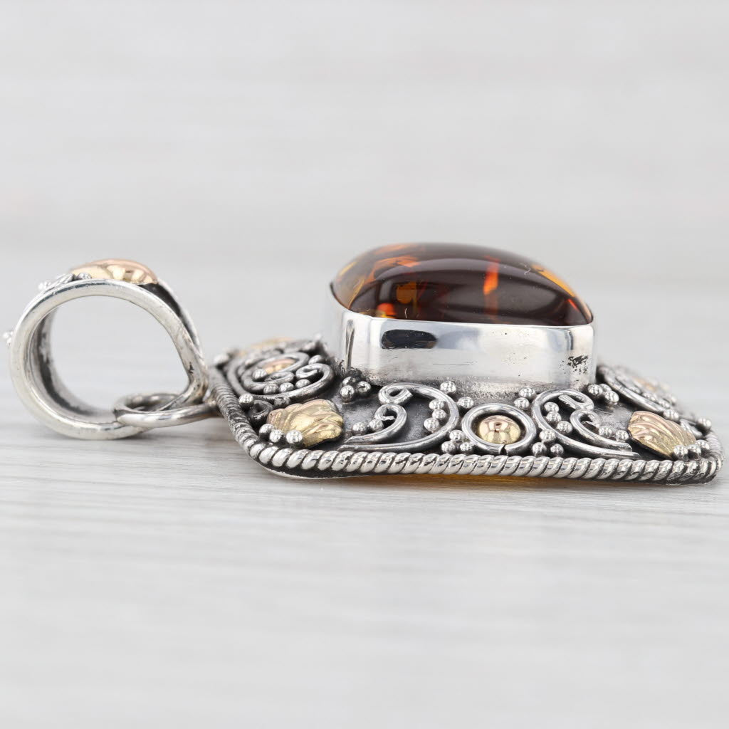 Light Gray Ornate Amber Statement Pendant Sterling Silver 18k Gold Cabochon Solitaire