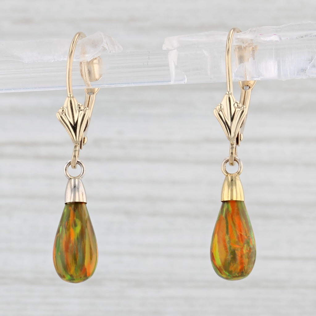 Light Gray Lab Created Multicolor Opal Teardrop Earrings 14k Yellow Gold Lever Backs