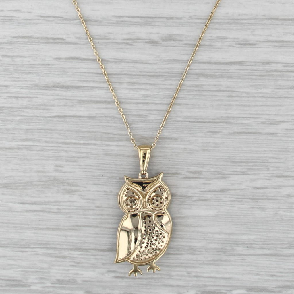 0.44ctw Diamond Enamel Owl Pendant Necklace Sterling Silver Gold Vermeil 18-20"