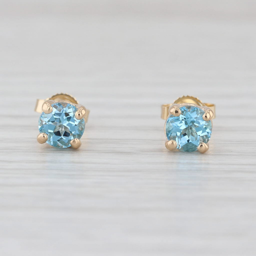 1.20ctw Blue Topaz Round Solitaire Stud Earrings 14k Yellow Gold