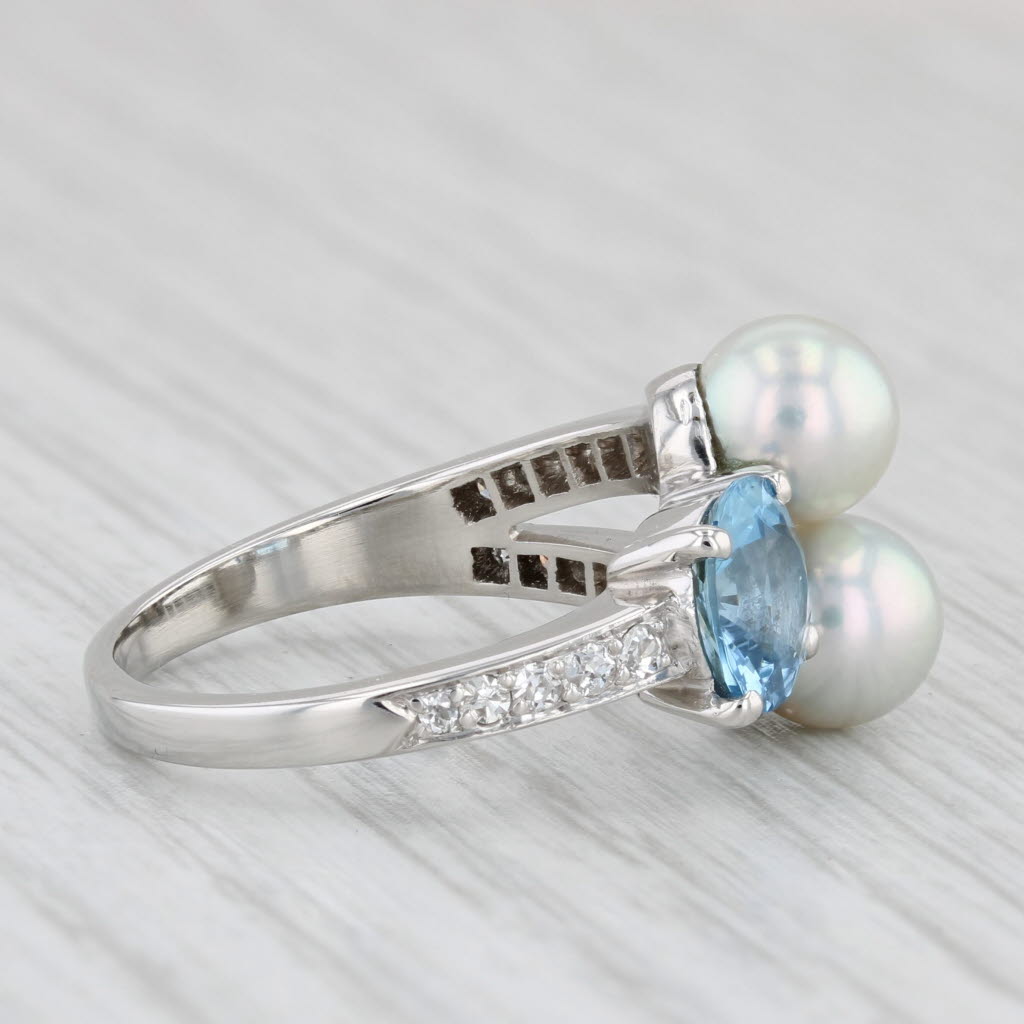 Light Gray Cultured Pearl 1.63ctw Blue Topaz Diamond Ring Platinum Size 6.5