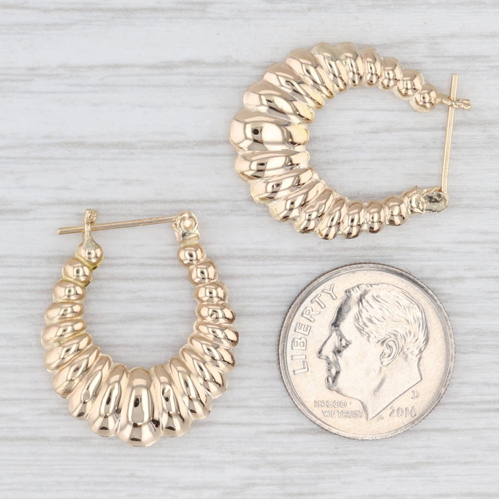 Light Gray Beveled Scalloped Croissant Shell Hoop Earrings 14k Yellow Gold Snap Top Hoops