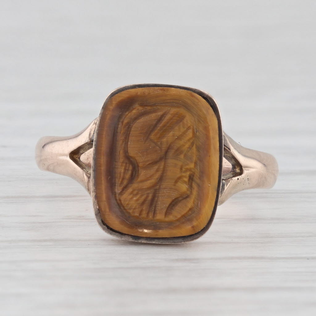 Light Gray Antique Tiger's Eye Cameo Ring 7k Yellow Gold Size 4.75 Figural