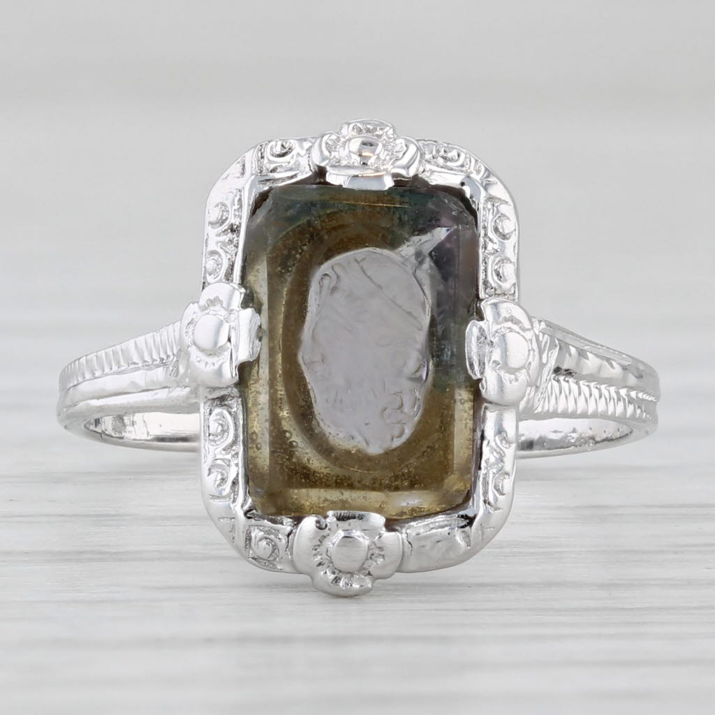 Light Gray Glass Intaglio Signet Ring 18k White Gold Size 6.5 Vintage