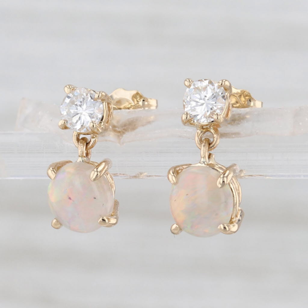 Opal Cabochon 0.30ctw Diamond Dangle Earrings 14k Yellow Gold Drops