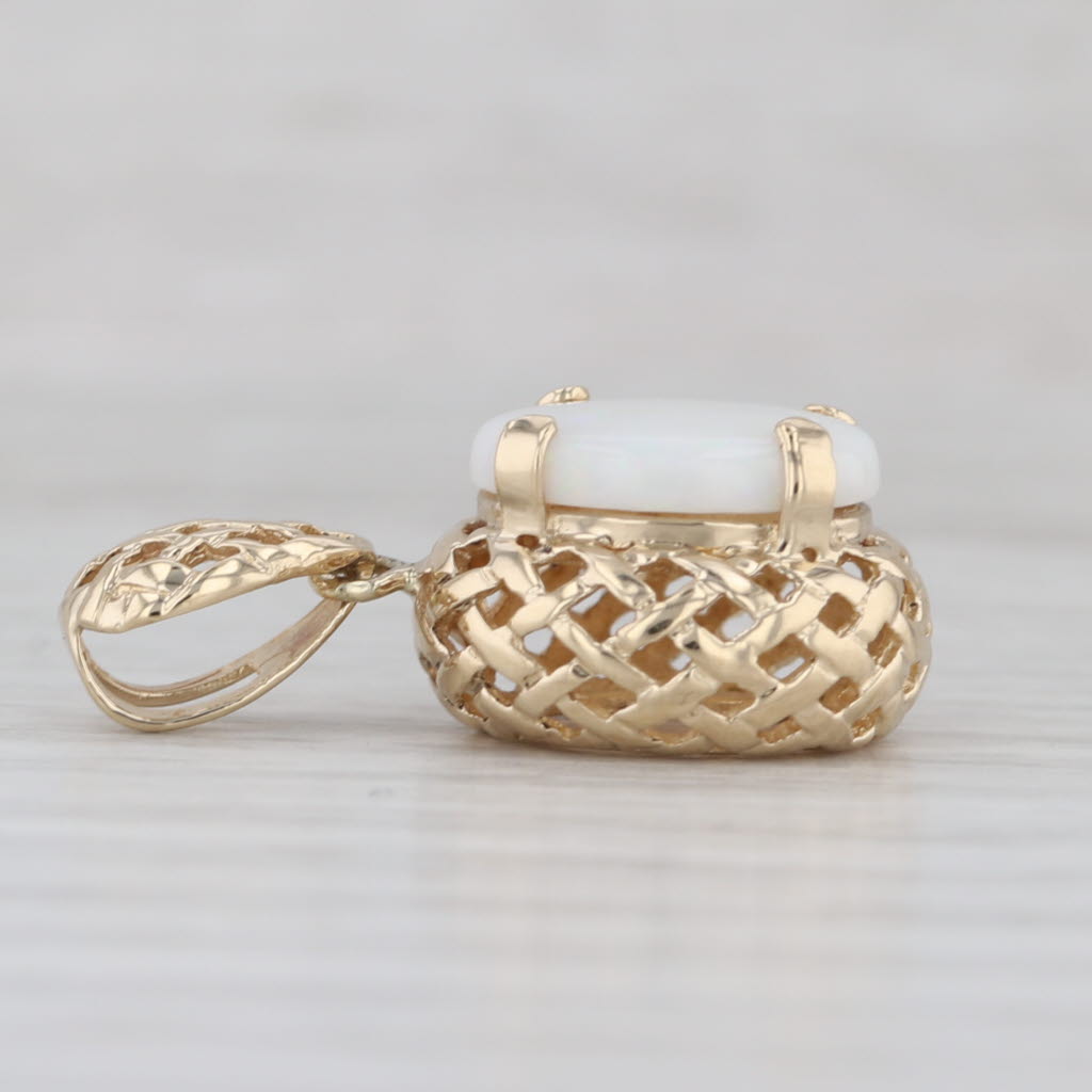 Oval Opal Cabochon Solitaire Pendant 14k Yellow Gold Basketweave Drop