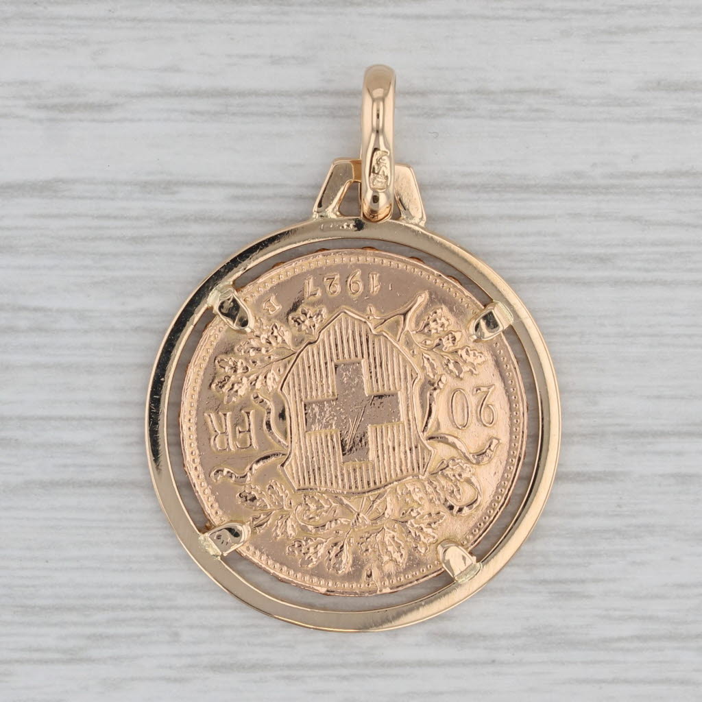 Gray Swiss 1927 20 Franc Helvetia Gold Coin Pendant 18k Bezel 900 Coin