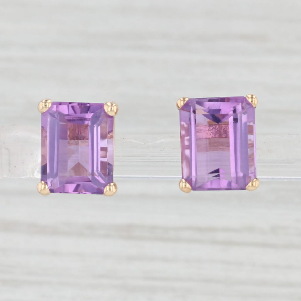 Light Gray 6.5ctw Amethyst Stud Earrings 10k Yellow Gold Emerald Cut Solitaires