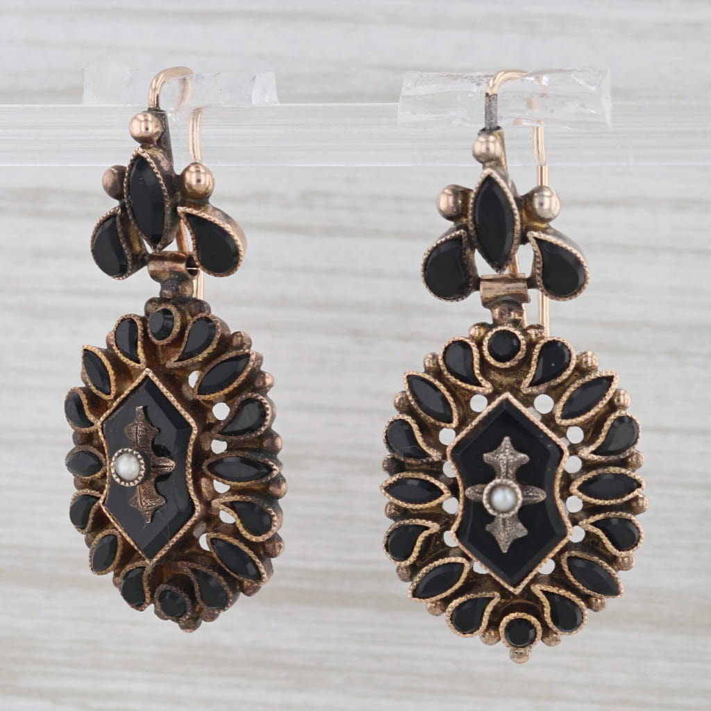 Light Gray Victorian Black Glass Pearl Earrings Gold Filled Antique Pierced Hook Drops