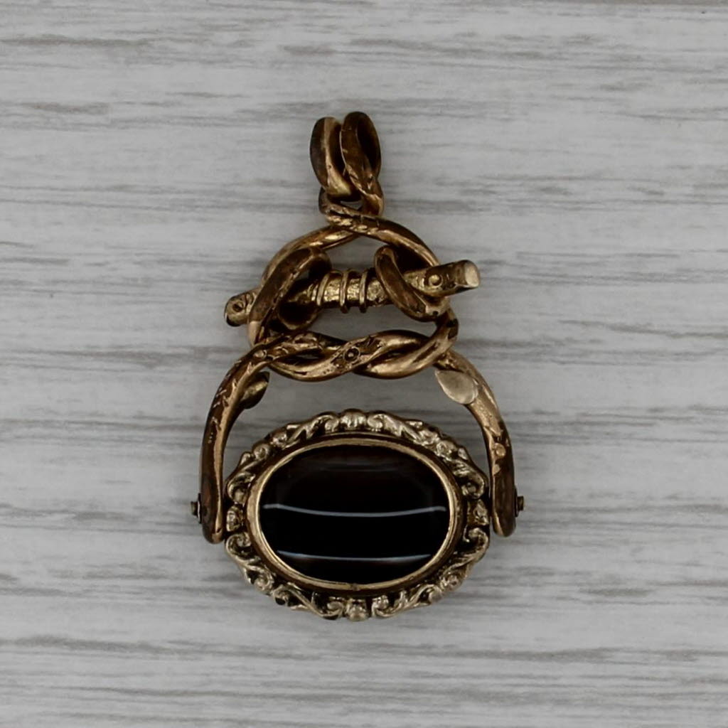 Antique Chalcedony Agate Watch Fob Gold Filled Pendant Spins