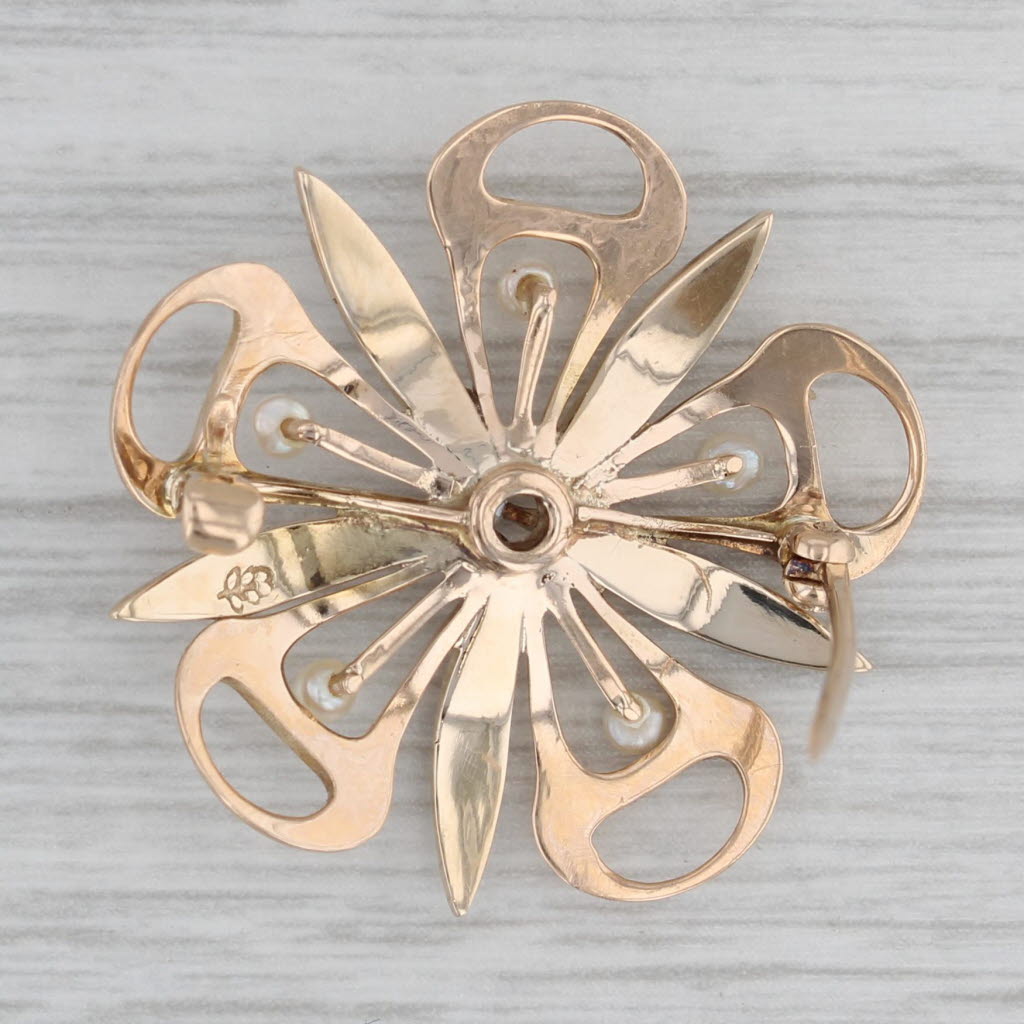 Gray Vintage Pearl Old Mine Cut Diamond Flower Brooch 10k Yellow Gold Pin