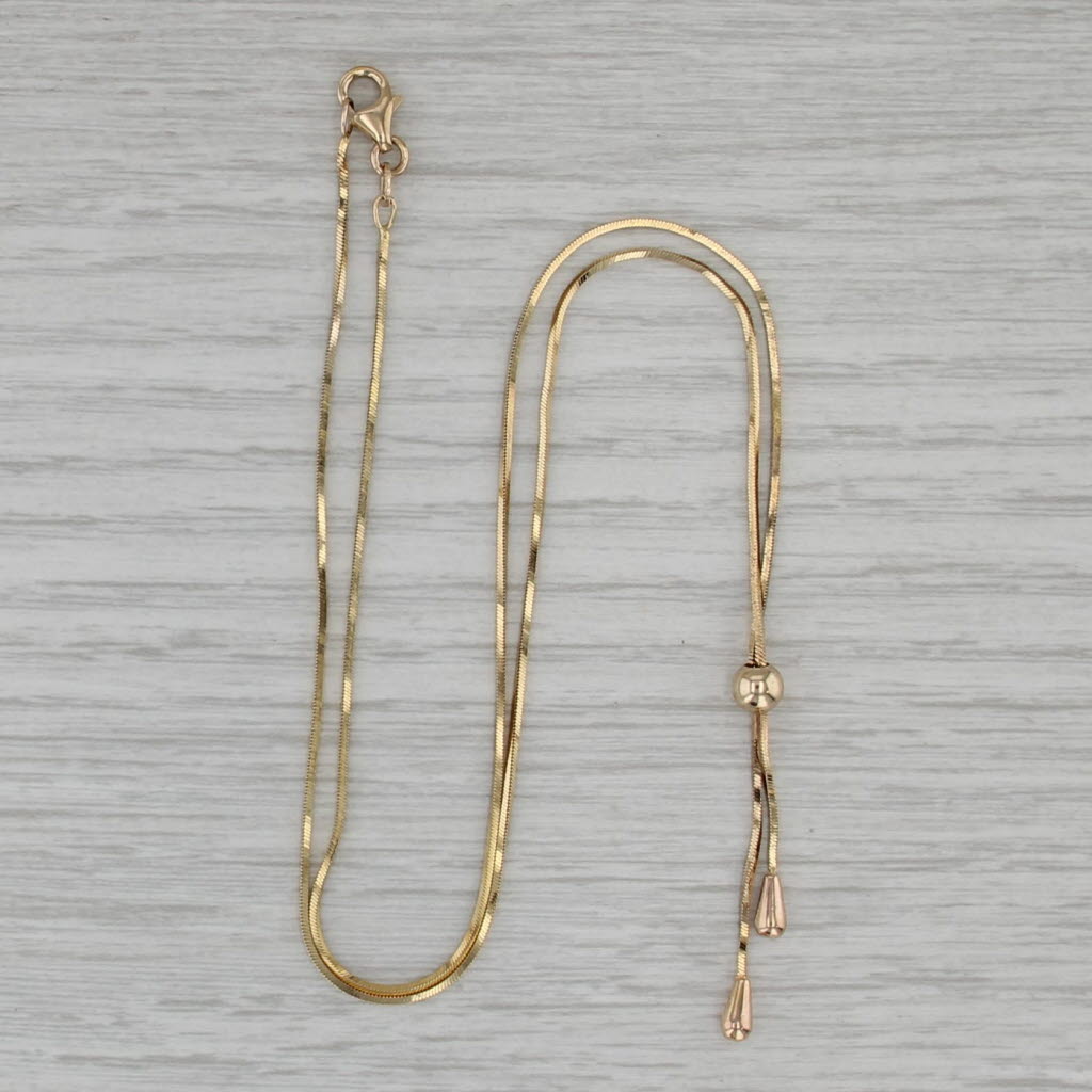 Boxy Snake Chain Lariat Teardrop Necklace 14k Yellow Gold 17.5"