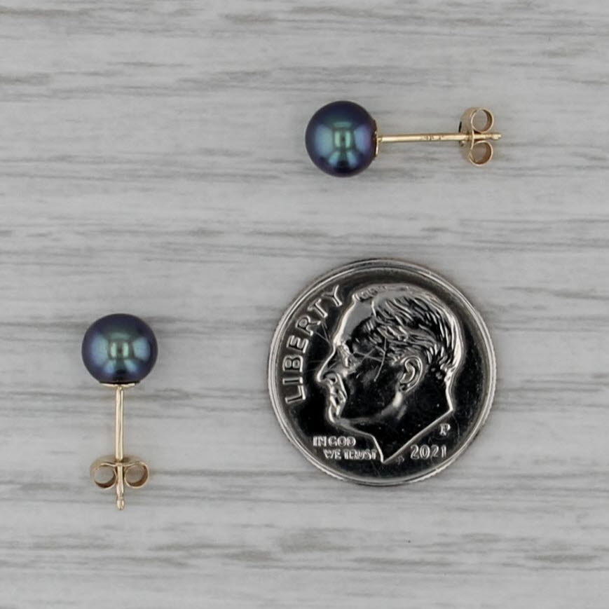 Cultured Black Pearl Stud Earrings 14k Yellow Gold 6mm Solitaire Studs