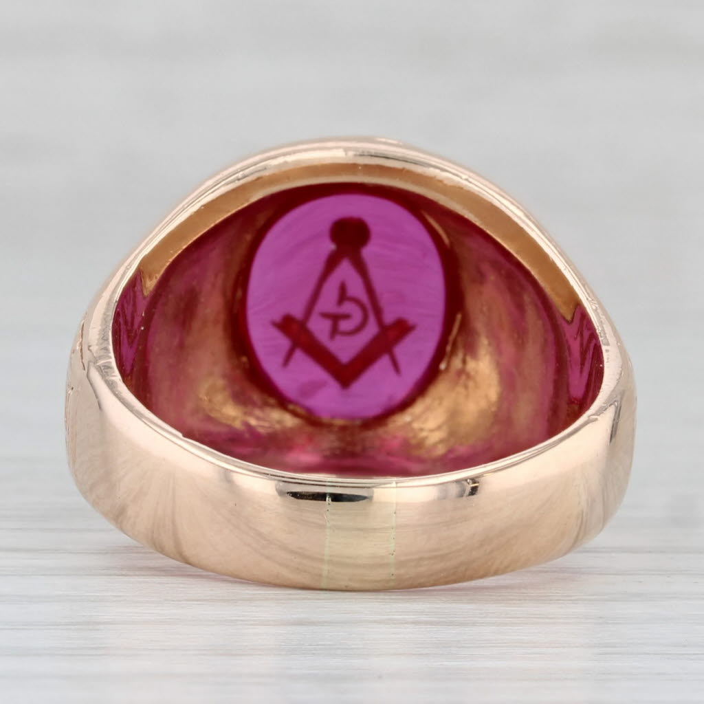 Light Gray Vintage Masonic Signet Ring 10k Gold Lab Created Ruby Square Compass Blue Lodge