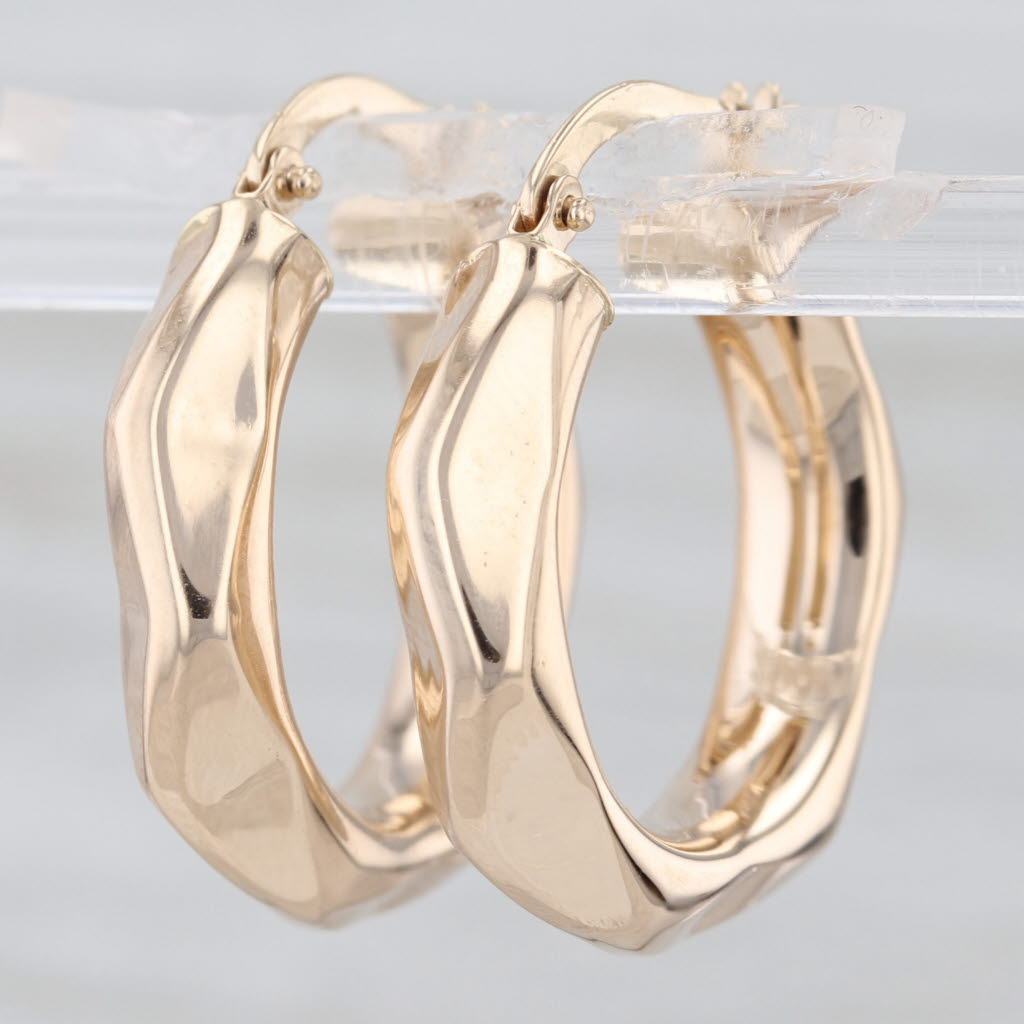 Beveled Hoop Earrings 14k Yellow Gold Snap Top Round Hoops