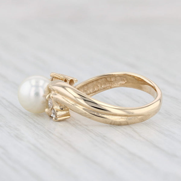 Light Gray Cultured Pearl 0.15ctw Diamond Bypass Ring 14k Yellow Gold Size 6.5