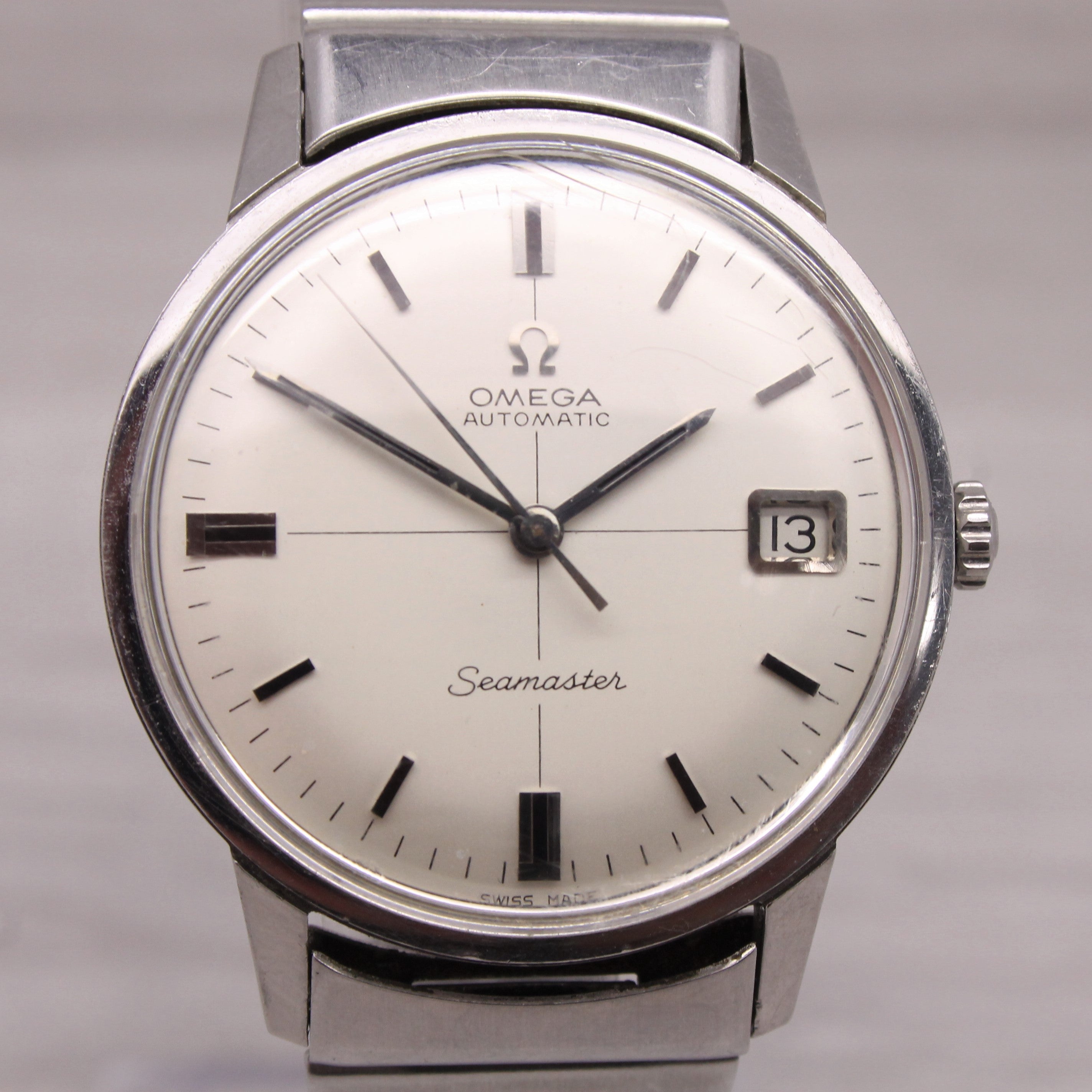 Gray Vintage 1966 Omega Seamaster 34mm Men Automatic Watch 166.002 560 Crosshair Dial