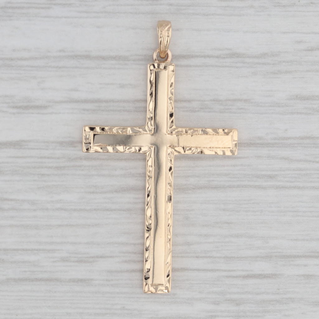 Gray Ornate Framed Cross Pendant 14k Yellow Gold Religious Jewelry