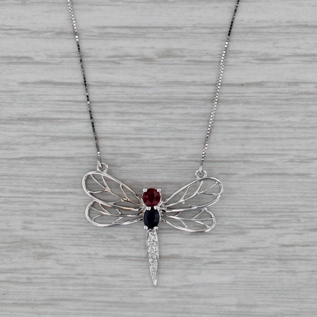 0.45ctw Sapphire Ruby Diamond Dragonfly Pendant Necklace 14k White Gold 17.75"